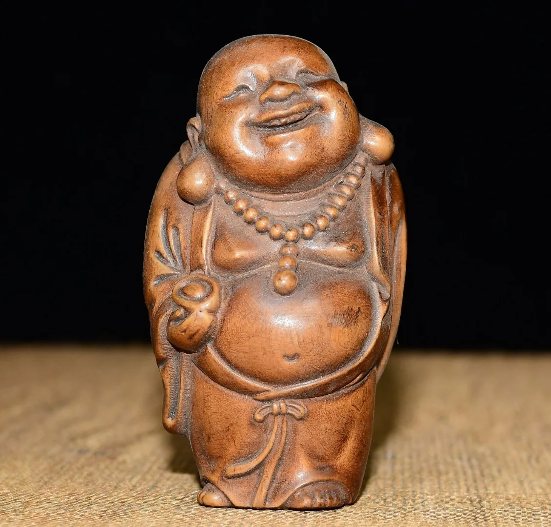 

3"Tibetan Temple Collection Old Boxwood Maitreya Buddha Handheld components Pendant Worship Hall Town house