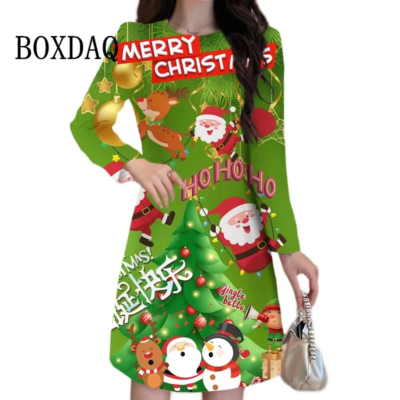 Funny Women Long Sleeve Dress 3D Santa Claus Print A-Line Dress Winter Fashion Cute Woman Clothing 2025 Christmas Party Dresses