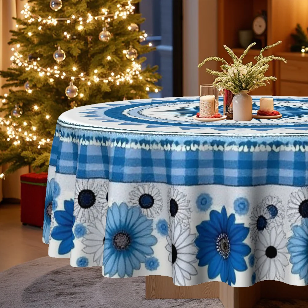 A blue floral and checked tablecloth, perfect for Christmas and Easter celebrations
