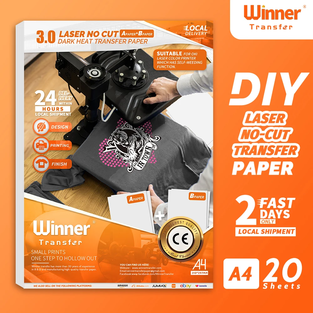 Vencedor-No-Cut Dark Heat Transfer Paper, A Paper + B, Papel de impressão auto-adesivo para camisetas, A4, 20 folhas, Transfer -50% Laser