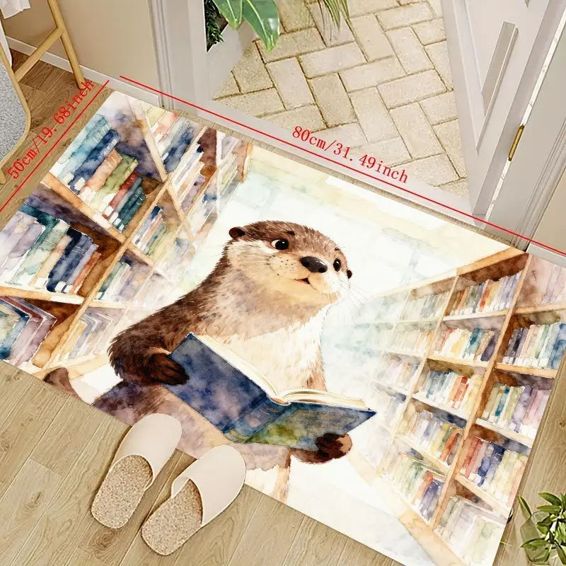 

1PC Cute Watercolor Otter Reading Book Floor Mat, Adorable Cartoon Animal Library Theme Area Rug, Non-Slip Soft Absorbent Doorma