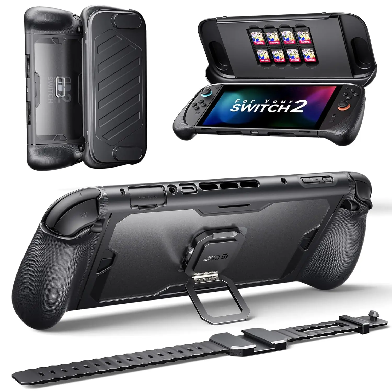 

JSAUX 360° ° Защитный чехол на весь корпус для Nintendo Switch 2, противоударный модный чехол с передней крышкой, металлической подставкой и силиконовым ремешком