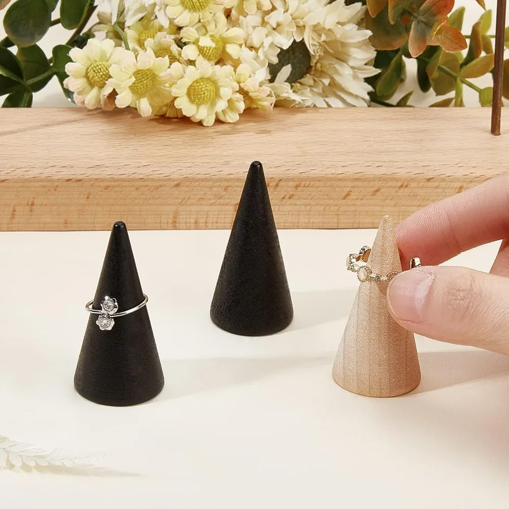 16 Pcs Wooden Ring Displays, 2 Colors Cone Shaped Finger Ring Stand Jewelry Display for Rings Jewelry Exhibition,2 Sizes