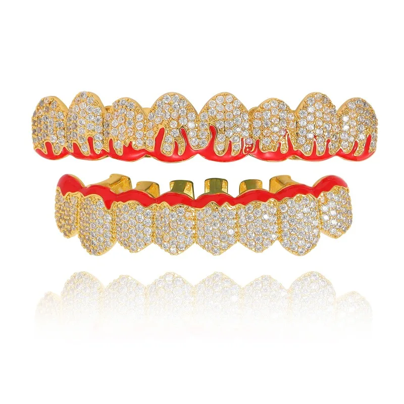 

Hip Hop Red Oil Zircon Tooth Grills Big 8 Top 8 Bottom Set Gold Silver Color CZ 3A Cubic ZirconiaTeeth Grillz Halloween Gift