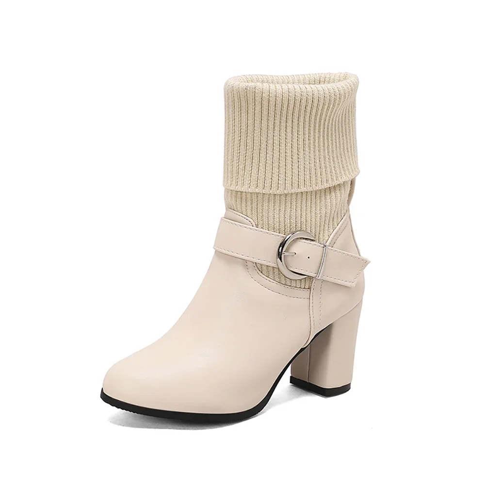 New Winter Sexy Black Whte Women Mid Calf  Boots Pointed Toe High Square Heels Lady Shoes Plus Small Big Size 14 33 44 497 52