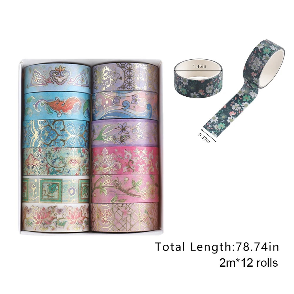 

12/24 Rolls Artist Tape Stickers Flower Hot Stamping Flower Washi Tape Set Flower Colour Print for Planner/Scrapbooking Supply