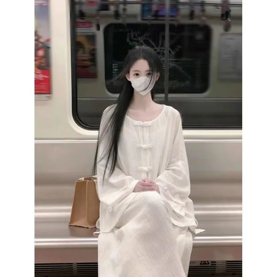 

New Chinese Style Women's Set Zen Tea Clothing White Button Top 3 Piece Set Ethnic Fashion Cotton Spring Summer Autumn