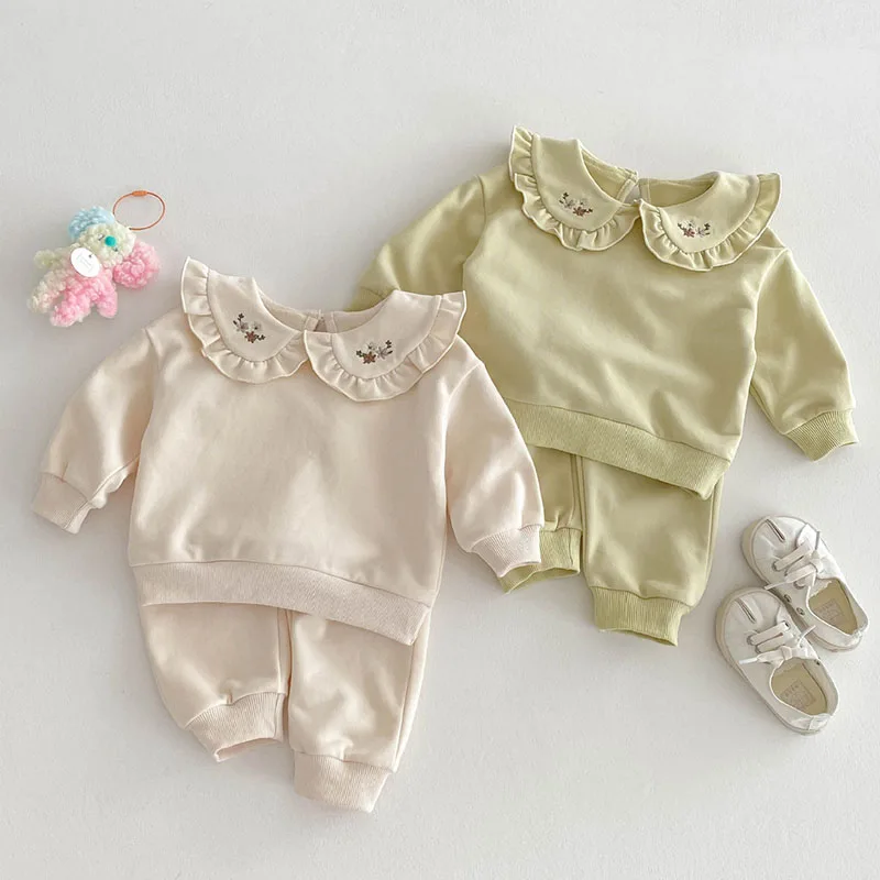 2025 New Spring Newborn Baby Girls Clothing Set Long Sleeved Cotton Embroidery Pullover Top+Pants Toddler Baby Girl Clothes Suit