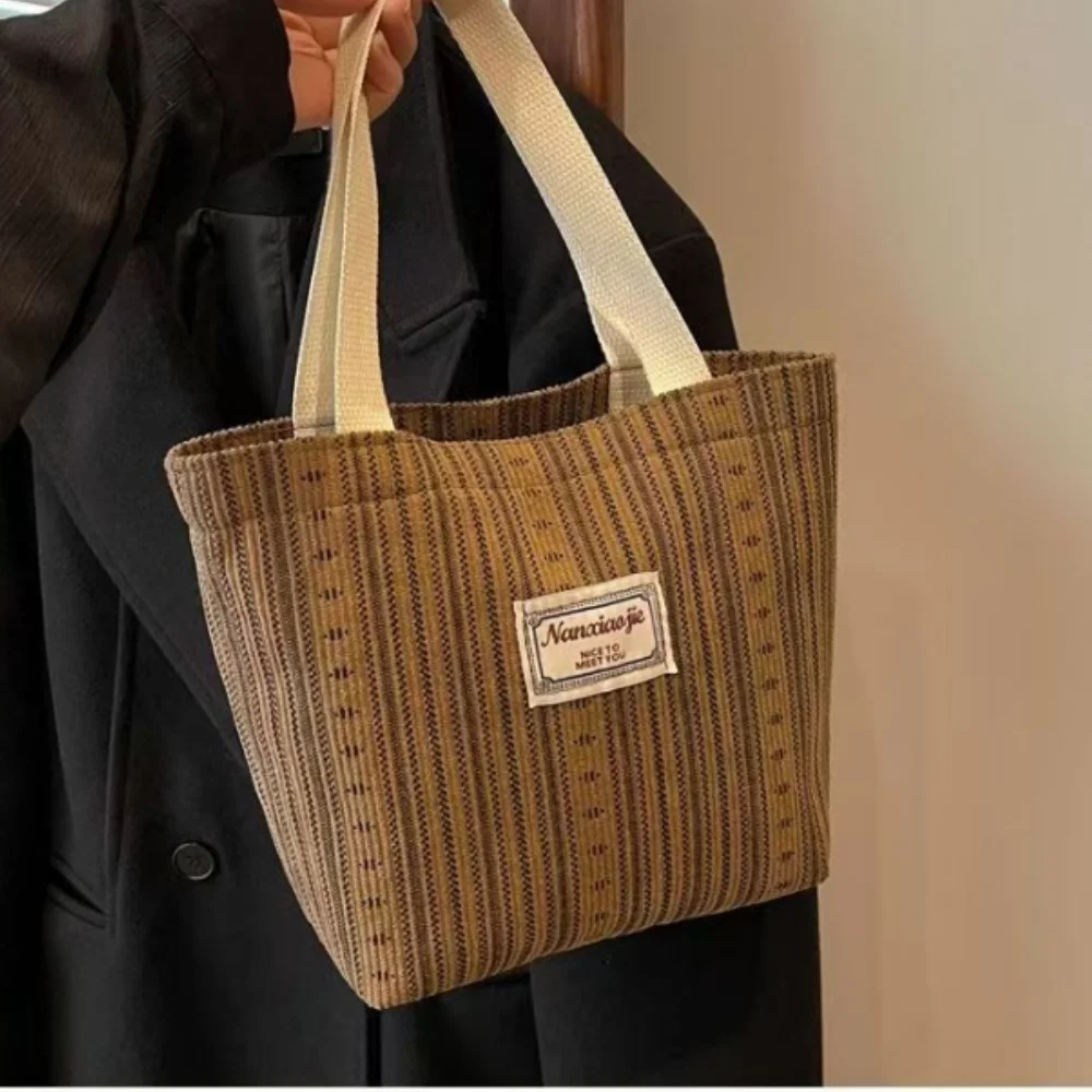 

Vintage Japanese Bag Women's 2024 Canvas Bag Fashion Striped Hand Carry Shoulder Bag Large Capacity Class Tote Commuter Bag