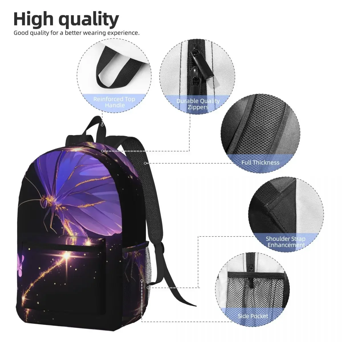 Purple Glowing Butterfly Pattern Backpack Daypack Large Capacity Kids BookBag School Bag Shoulder Bags for Men Women