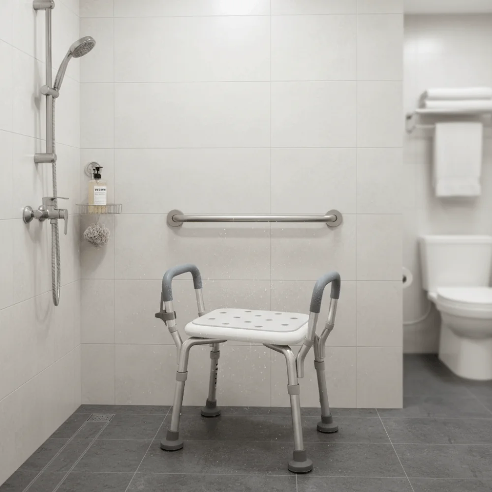 With Backrest Anti-Slip Shower Seat Adjustable Height Lightweight Material Adjustable Bath Chair Ventilated Design