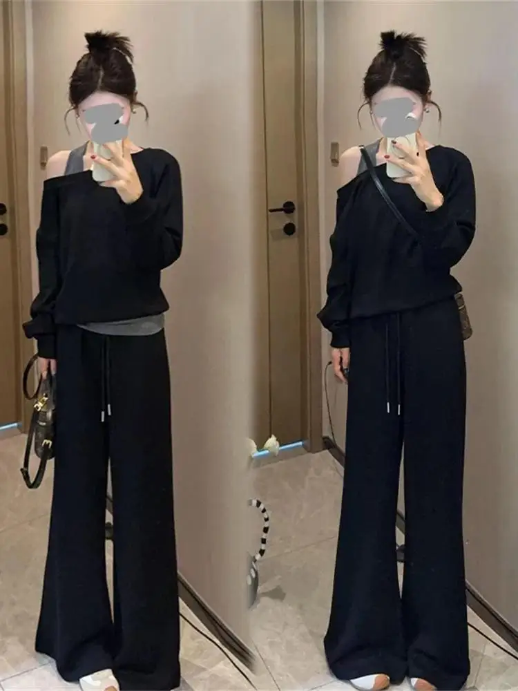 

Loose Feel Set Women's Spring Autumn New Style Shoulder Bared Long Sleeve Sweatshirt Wide Leg Pants Two Piece Set Fashionable