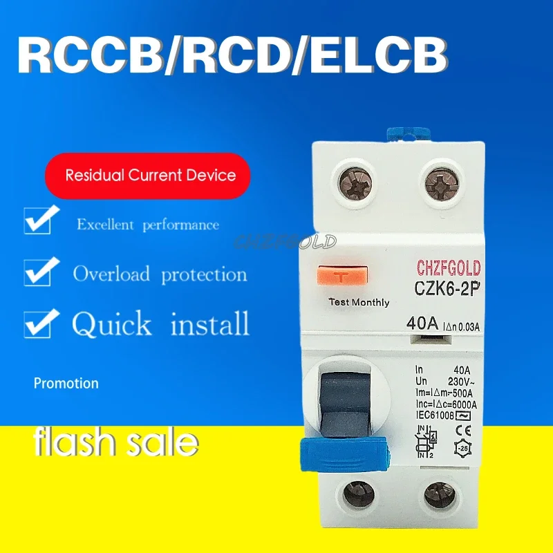 CHZFGOLD A Type RCCB Residual Current Circuit Breaker AC ELCB 2 Pole 40A 63A 30mA 100mA 300mA RCD ELCB