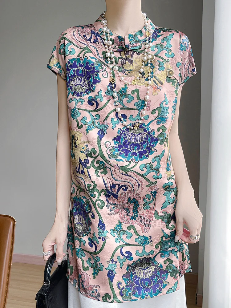 

Summer New Chinese Style Floral Print Buttoned Midi Short Sleeve Top Fashionable Split Hemline Versatile Workwear Loose Fit