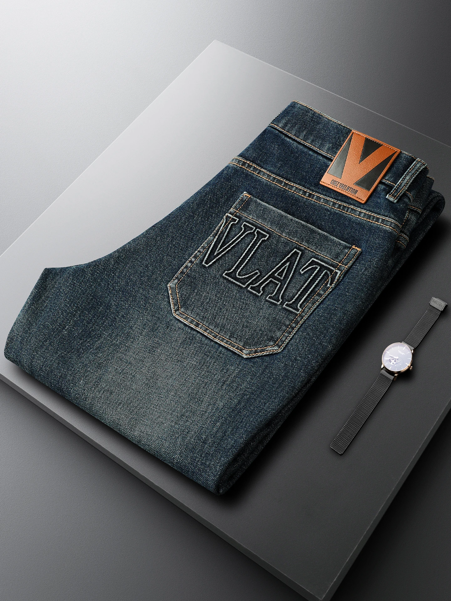 

Retro Luxury Light Blue Waed Jeans Men's Slim Straight Cotton Casual Pants adient Color Polyester Fiber mid Waist Zipper