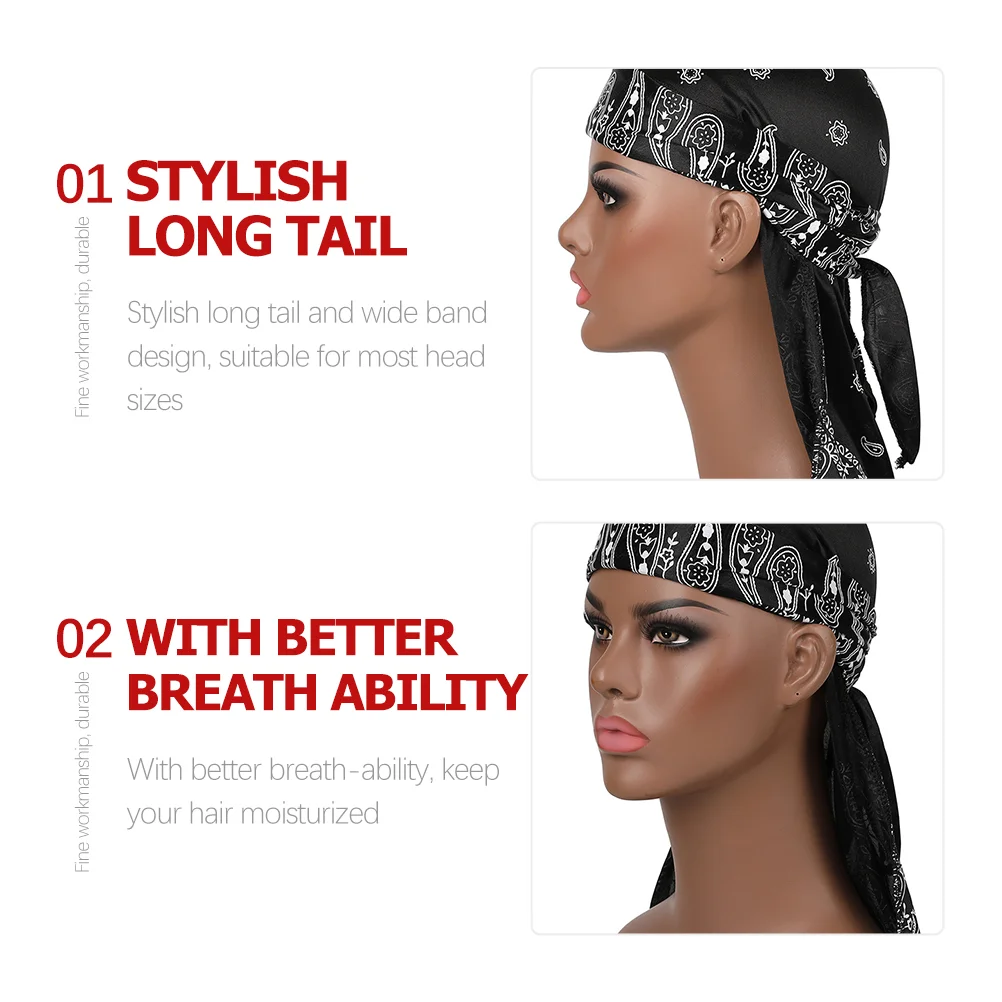 Long Tail Pirate Hat Bandannas Headwraps Cap for Men Satin Sleep Bonnet Turban Cloak