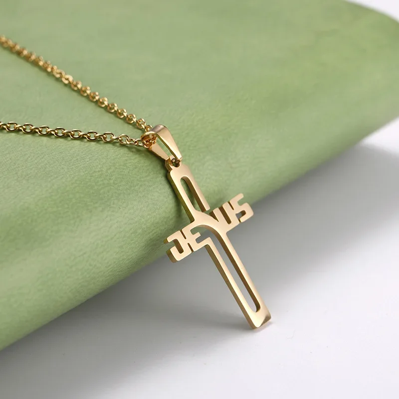 Houwu Christmas Gifts Cross Necklace Real Gold Plated  JESUS Stainless Steel Jewelry For Men Women Fashion Christian Jewelry