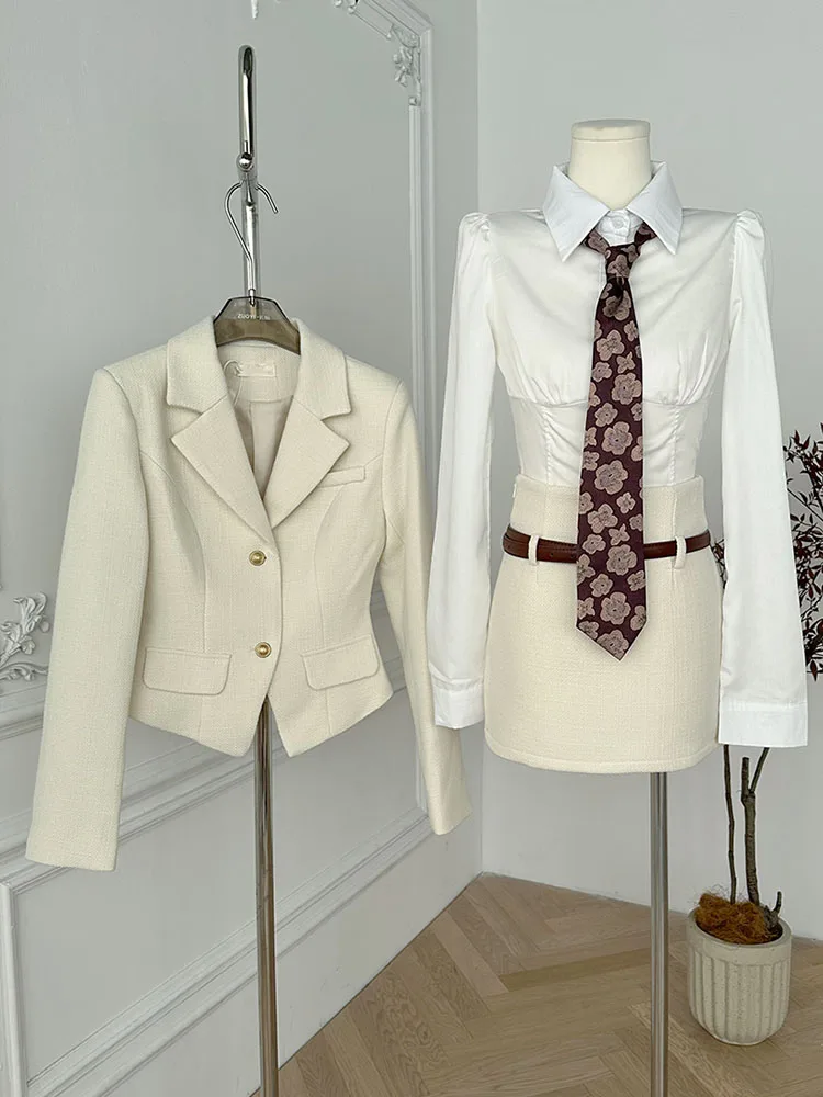 Formal Occasion Outfits 3 Piece Set Cozy Shirts + Wrap Hip High Waist Skirts French + Beige Business Suit Jacket Luxury Elegant