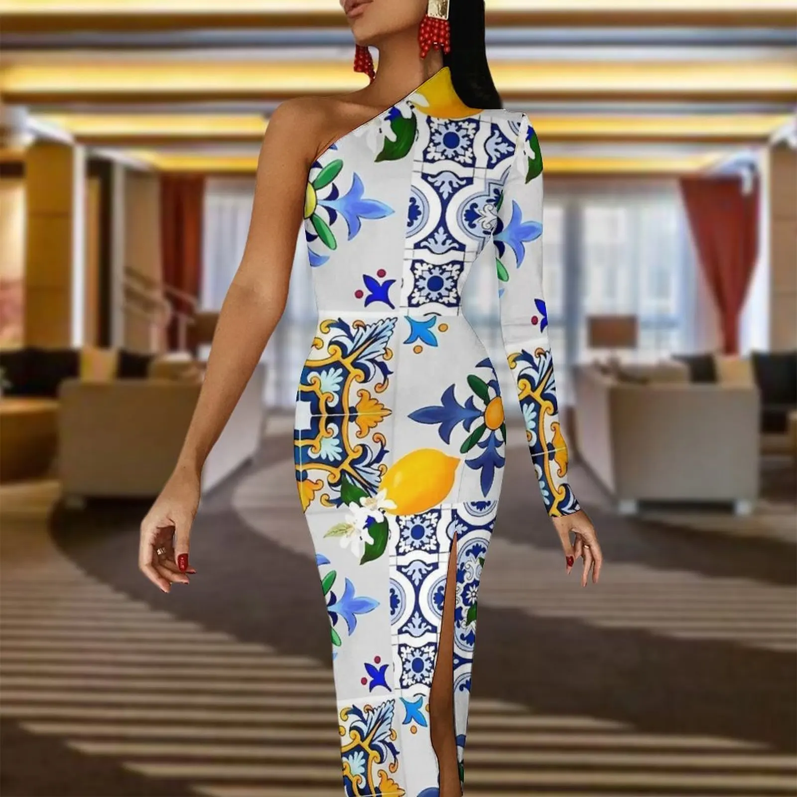 Majolica Lemon Bodycon Dress Women Tiles Citrus Flower Elegant Maxi Dress Long Sleeve Aesthetic Design Dresses Birthday Present