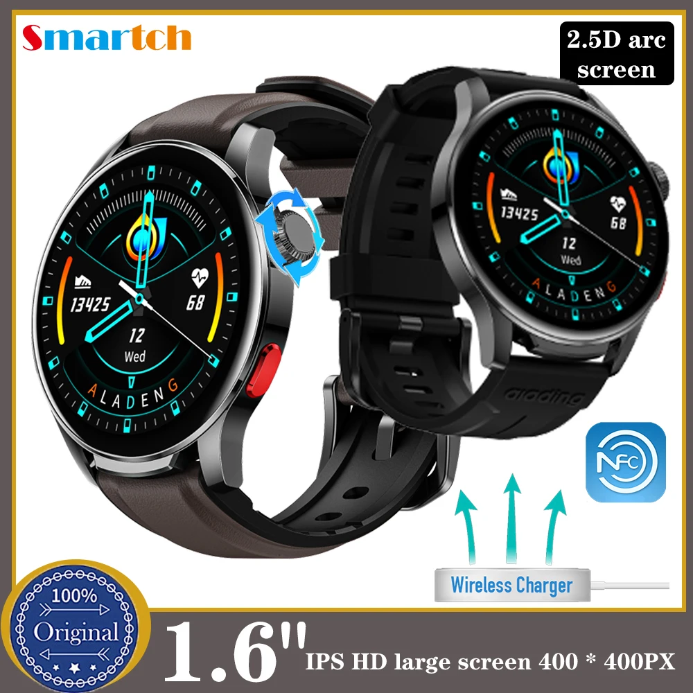 

1.6" 2.5D Arc Screen Smartwatch Wireless Charging Rotating Crown Waterproof NFC Sports Heart Rate Men Music Smart Watch Waterpro