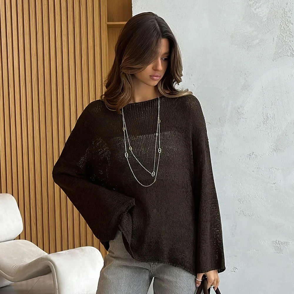 Women's Simple Solid Color Long Sleeve Sweater Spring Knitted Hollow Top Loose Casual Versatile Pullover