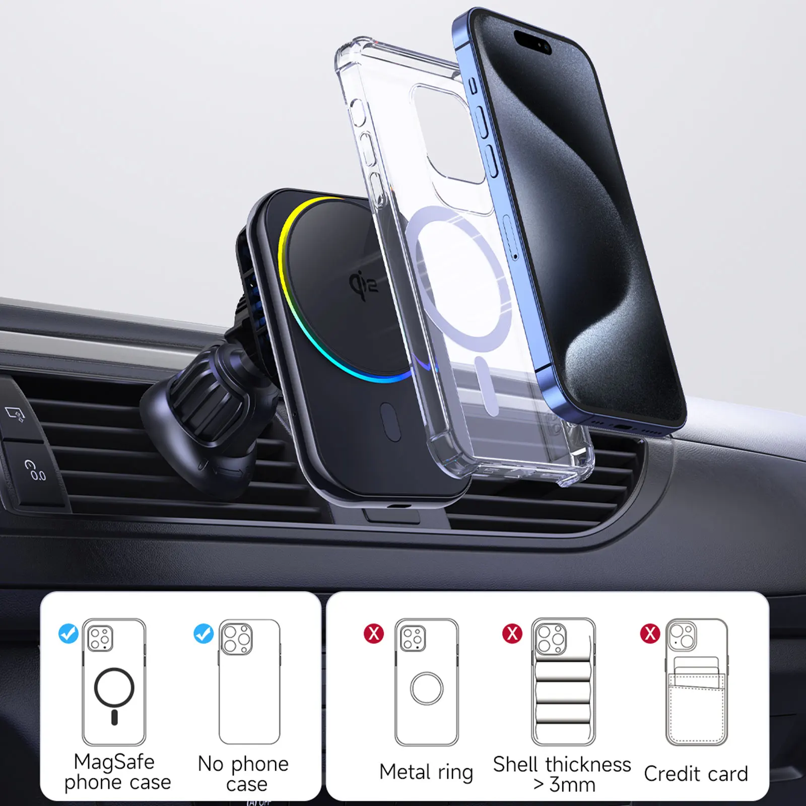 Cargador de coche inalámbrico magnético Qi2 con refrigeración por hielo, estación de carga rápida para iPhone 16 15 14 13 12 Pro Max, soporte para teléfono de coche