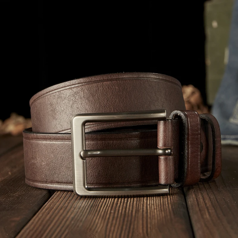 Handmade Vintage Genuine Leather Belt Men Stainless Pin Buckle High Quality Cowhide Leather Jeans Waist Strap Fashion Pants Belt