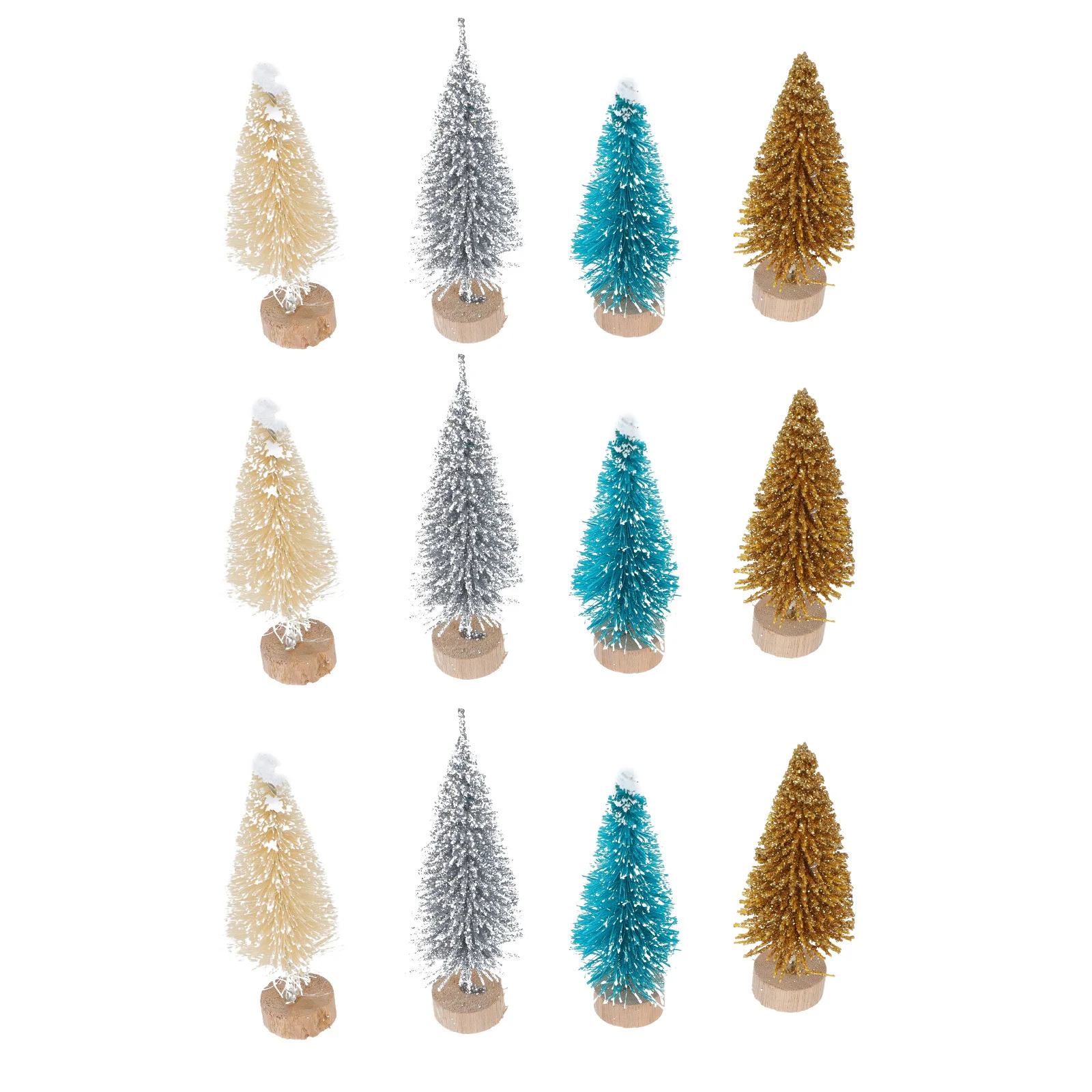

12Pcs Mini Christmas Trees Different Sizes Colors Artificial Pine Trees Wood Plastic Snowflake Effect Desktop Decorations