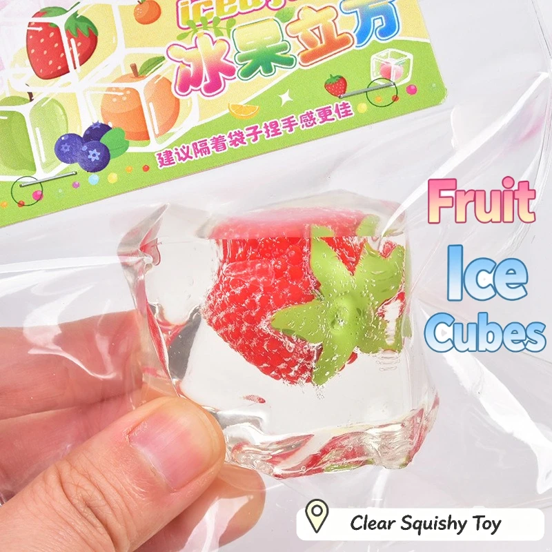 New Clear Ice Cube Fruit Squishy Toy, Transparent Stretchy Stress Relief Squeeze Toy, Cute Cartoon Fruit Anxiety Relief Toy