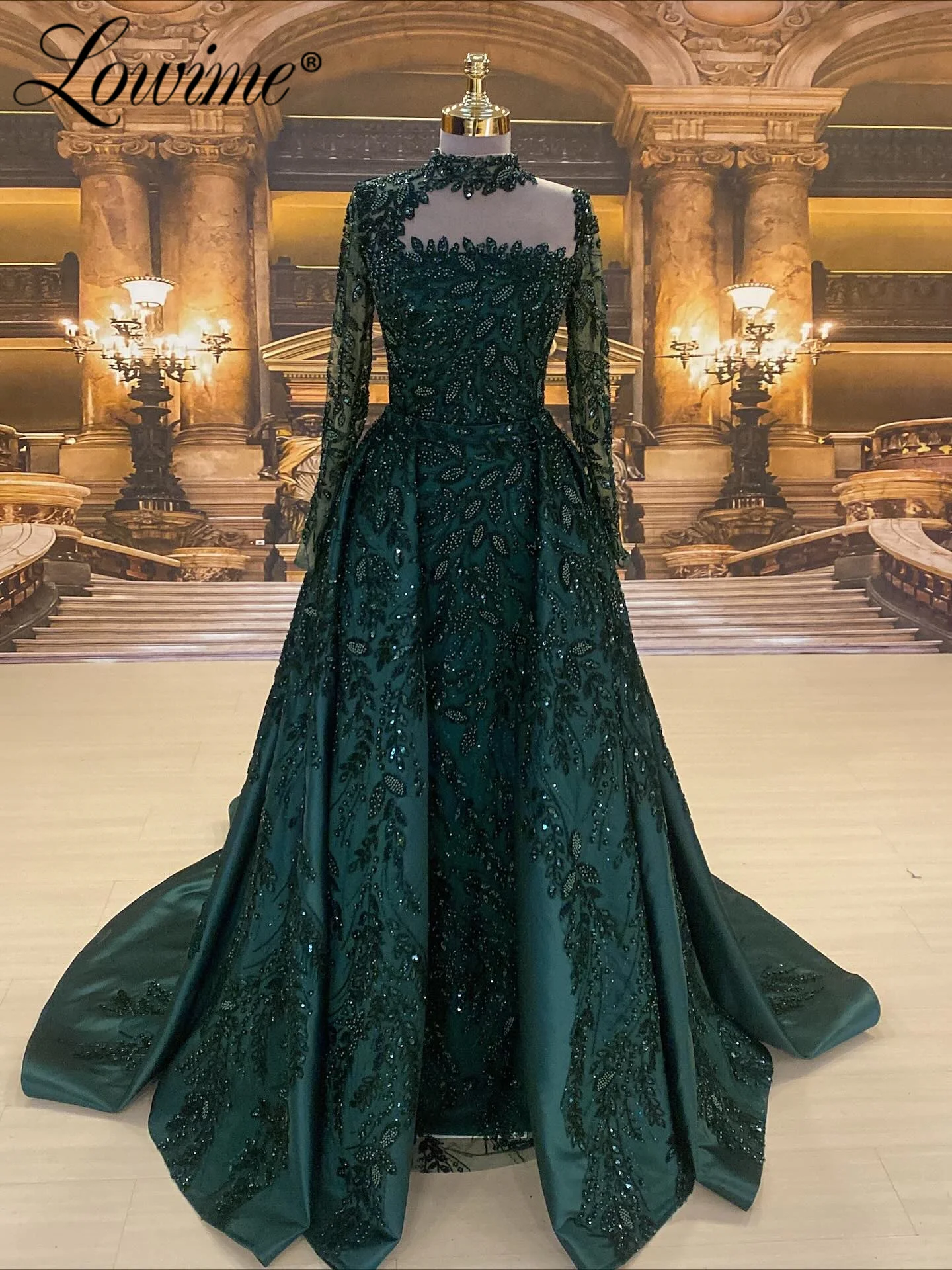

Dark Green Mermaid Long Sleeve Evening Dress Customized Overskirt Beaded Wedding Bride Party Gown Sheer Neck Luxury Prom Dresses