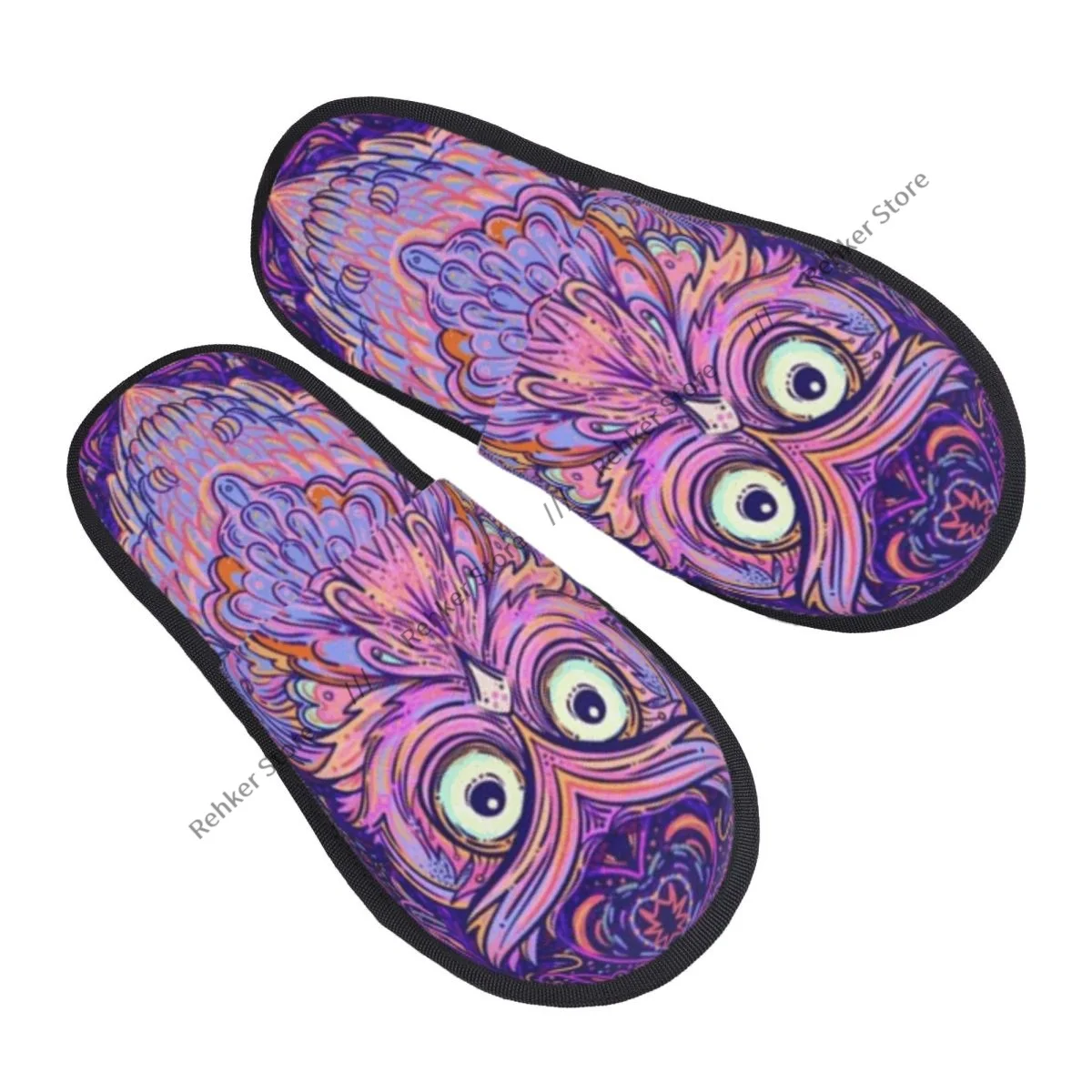 Cute Owl Psychedelic Pattern Indoor Slippers Furry Slipper Winter Home Shoes House Flat Closed Toe Slides Flip Flops