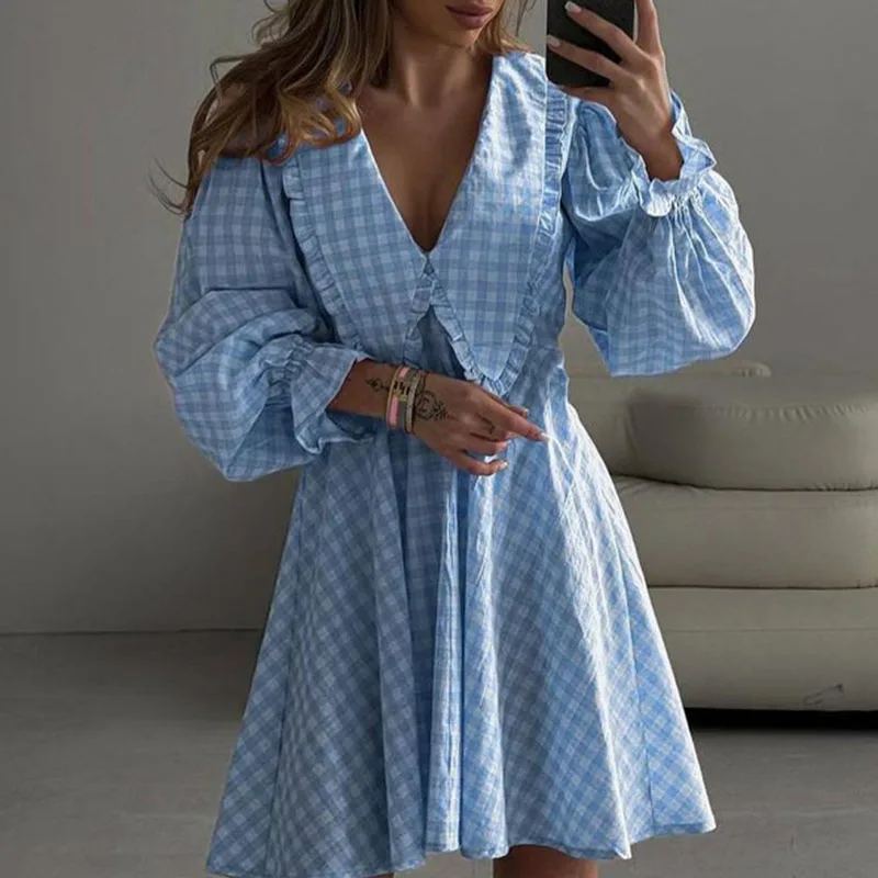 

Fresh Sweety Peter Pan Collar Ruffle Mini Dress Women Spring Plaid Print A-Lin Party Dress Autumn Long Sleeve Hem Office Dresses