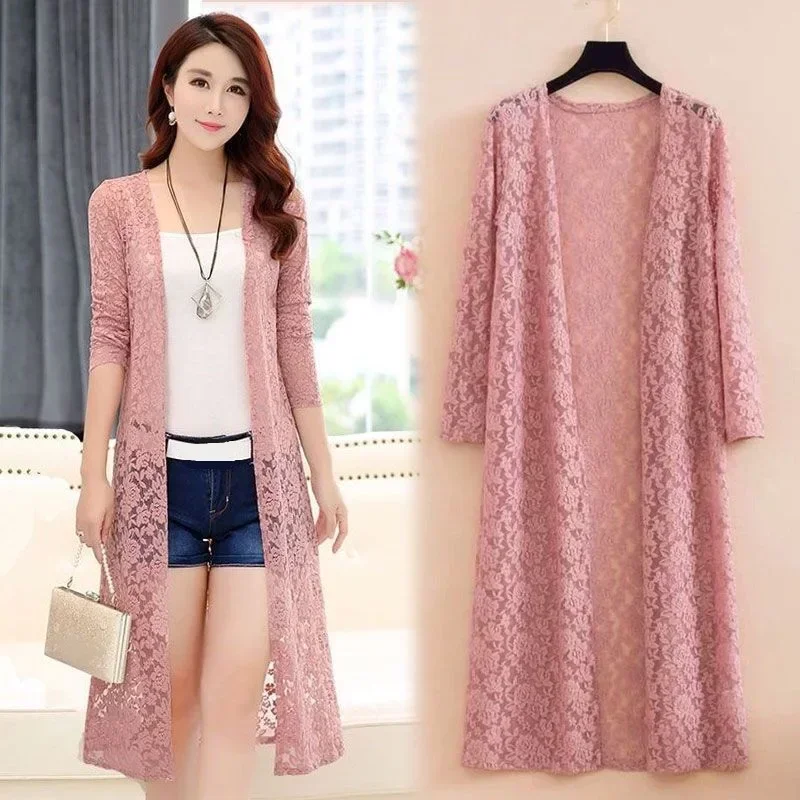 Women's Mid-length Lace Sunscreen Cardigan Fashion Thin Coat with Matching Skirt Top Mesh Shawl Lady Cardigan Shirt Outerwear