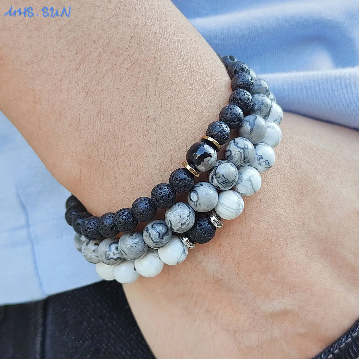 MHS.SUN Natural Map Stone Stretch Bracelet Stainless Steel Handmade Howlite Lava Stone Elastic Stackable Energy Men Jewelry