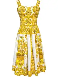 Summer Holiday Yellow Print Midi Beach Dress Women Spaghetti Strap Elastic Backless Red White Porcelain Flower Sundress