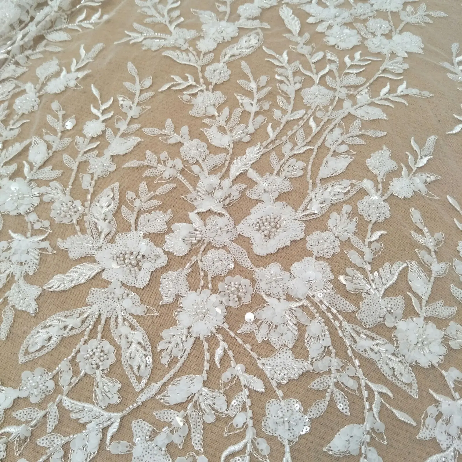 Fashion beading gown dress lace fabric 130cm width bridal lace applique sell by yard
