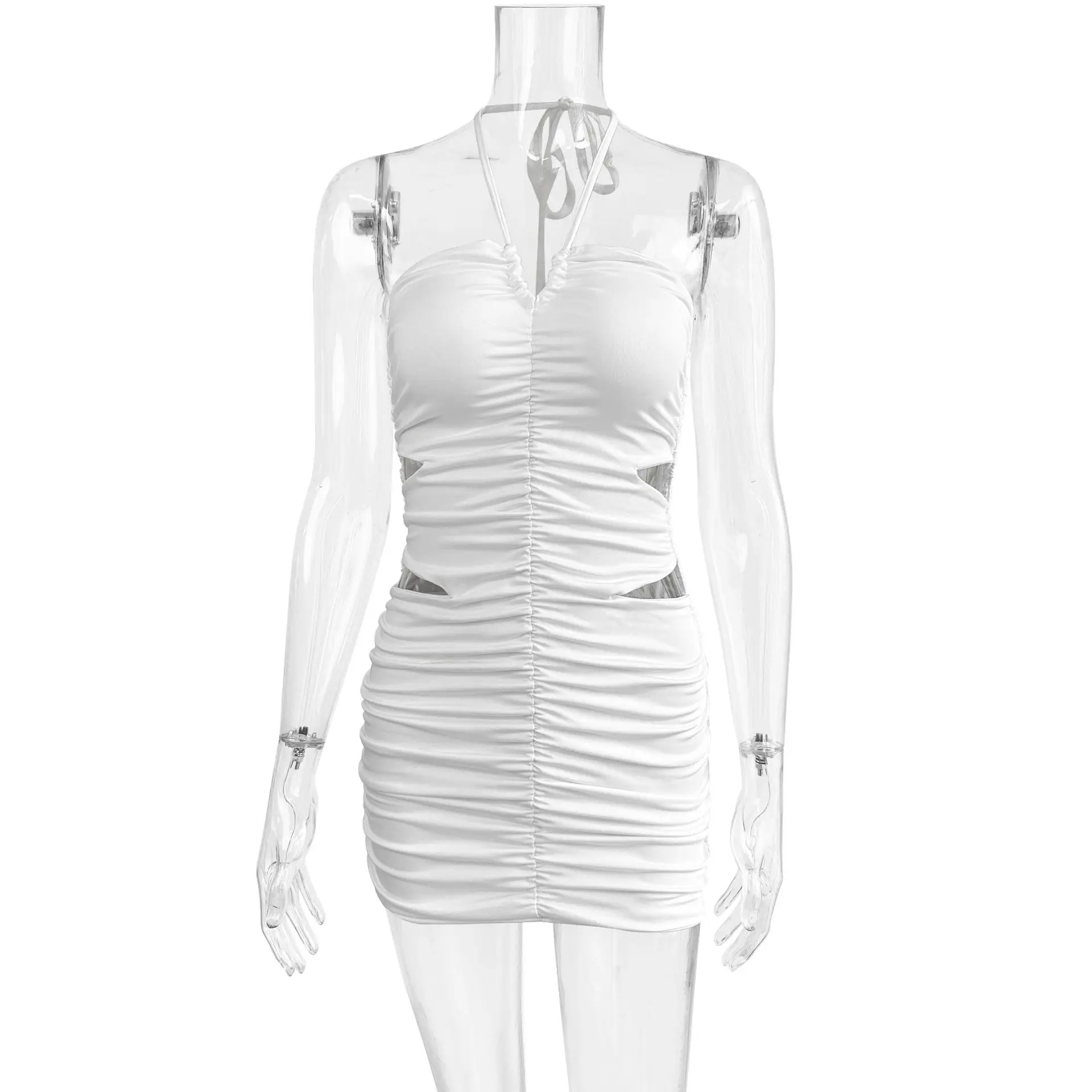 Summer New Cross-Border Women's Pleated Sleeveless Halterneck Dress Amazon Sexy Slim Cut-out Hip Skirt