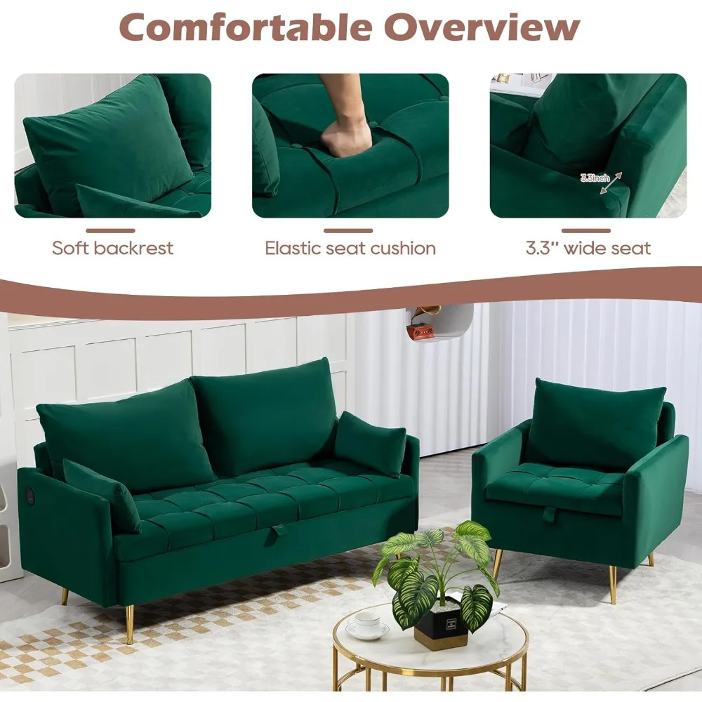 "Juego de sofás de 2 piezas: sofá de dos plazas y silla de mediados de siglo con patas de metal, respaldo suave para sala de estar/dormitorio"
