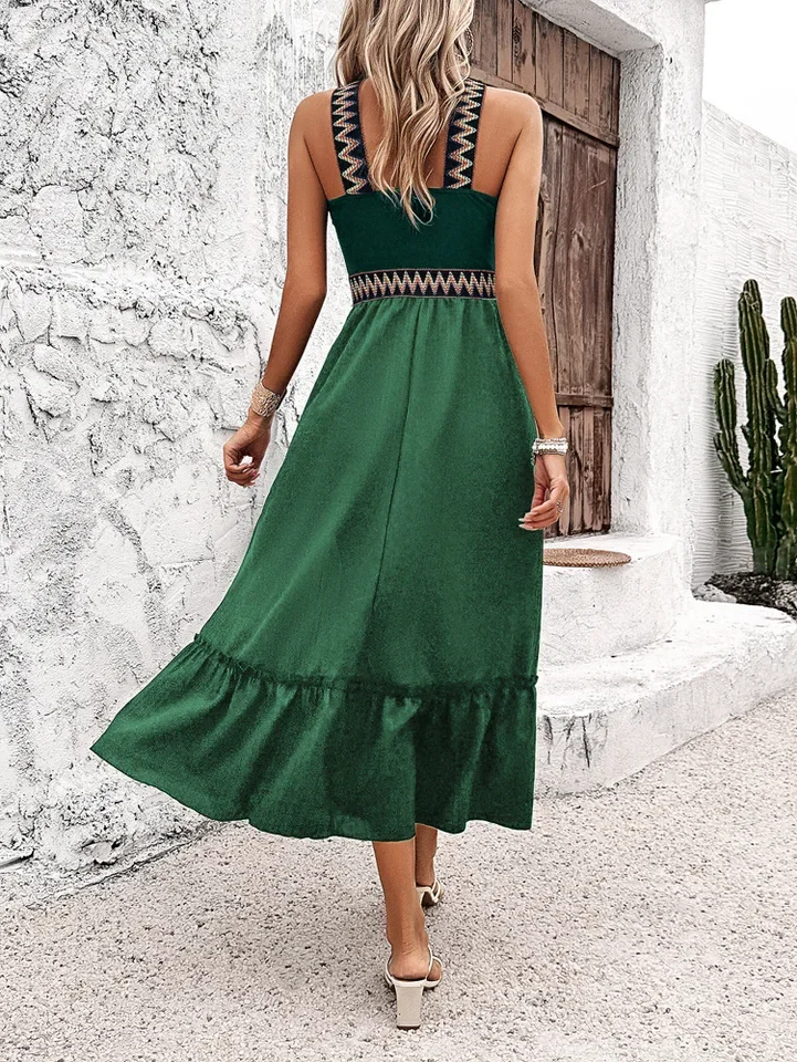 Elegant Halter Neck Cross Dress Fashion Lady Long Dress Summer New Contrasting Stitching High Waist Split Dresses Women
