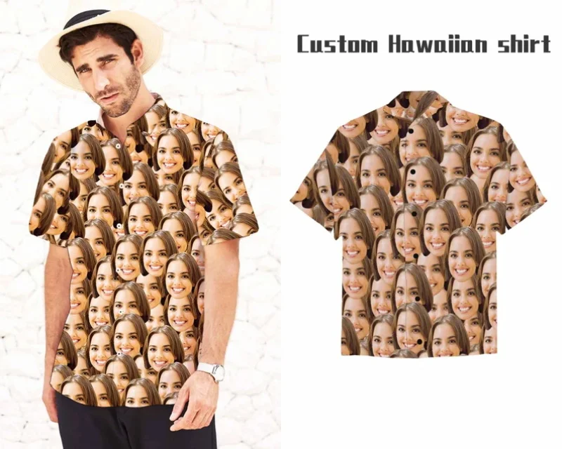 

Рубашка для лица на заказ, мужская гавайская рубашка с коротким рукавом, подарок для бойфренда, подруги, персонализированные пляжные рубашки на пуговицах для лица