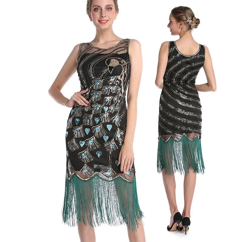 Ladies 20s 1920s Roaring Flapper Costume Sequin Gatsby Peacock 20's Fancy Dress