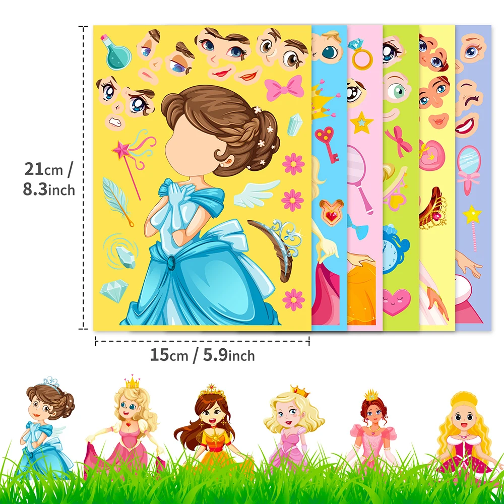 6/12Sheets Cute Princess Puzzle Stickers Make-a-Face Children Assemble Jigsaw Funny Kids Toys Game Kids Educational  Party Gift