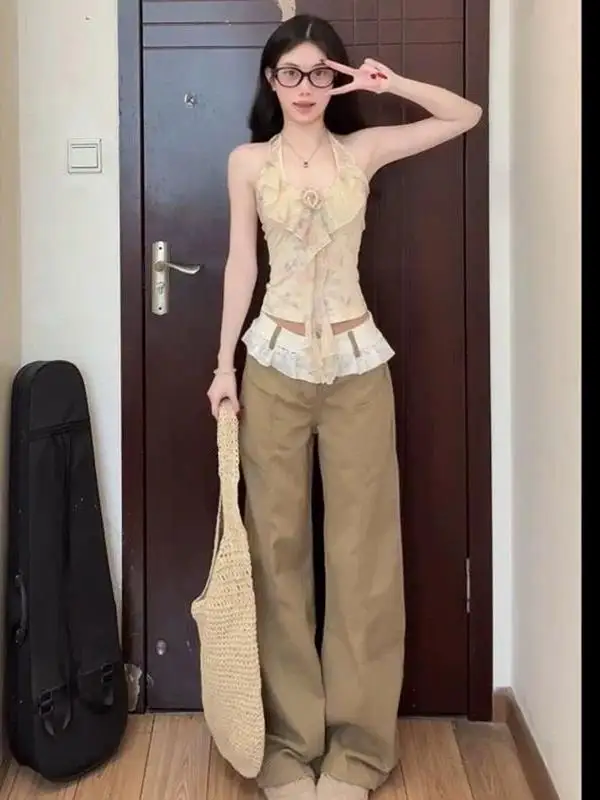 

i Color Lace Trim Hot Girl Straight Leg Denim Jeans Women's High Waist Loose Design Wide Leg Pants Spring Autumn New Sle