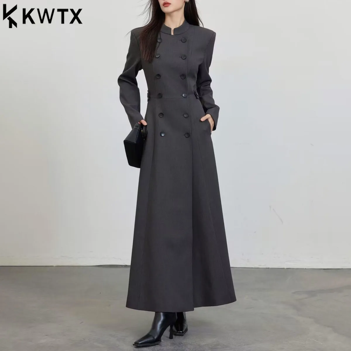 

KWTX AW25 женский двубортный пиджак с длинными рукавами платье-тренч серый воротник-стойка с карманами винтажный шикарный повседневный элегантный