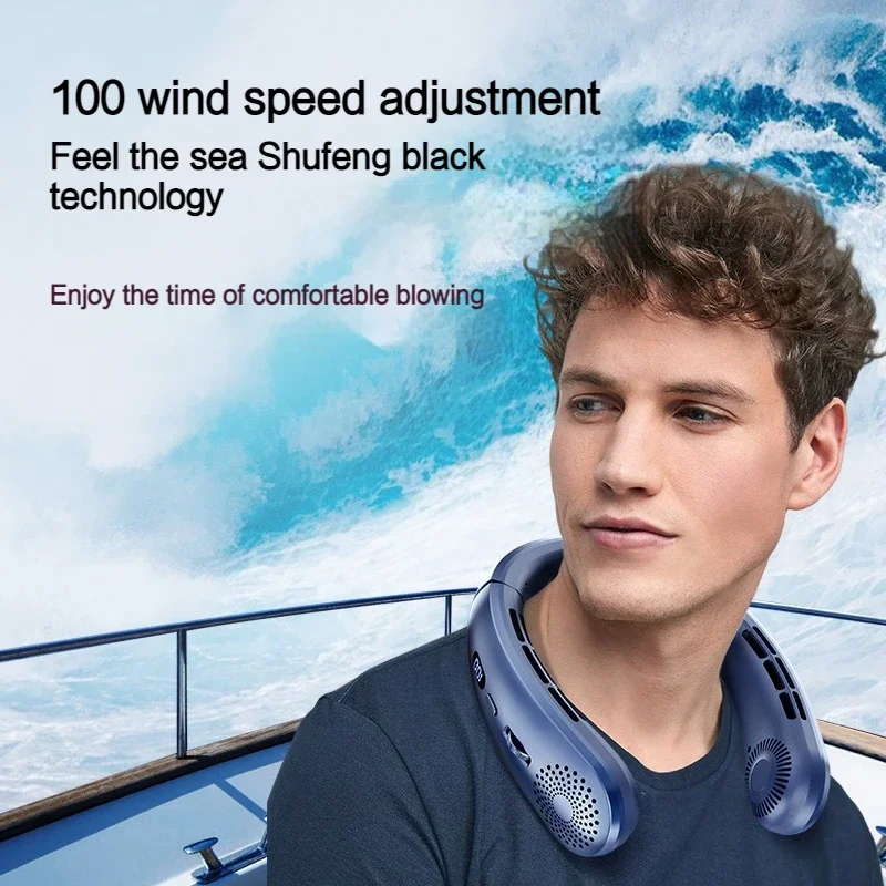 مروحة الرقبة، مروحة خفيفة الوزن يمكن ارتداؤها، مروحة منخفضة الضوضاء 5 سرعات بدون استخدام اليدين، مروحة رياضية معلقة بتصميم سماعة الرأس للاستخدام الداخلي والخارجي