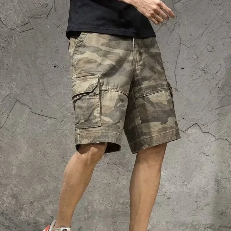 Men\'s Cargo Shorts Half Camouflage Male Bermuda Short Pants Y2k Front Pocket Elastic Waist Wide 2025 New In Comfortable Baggy