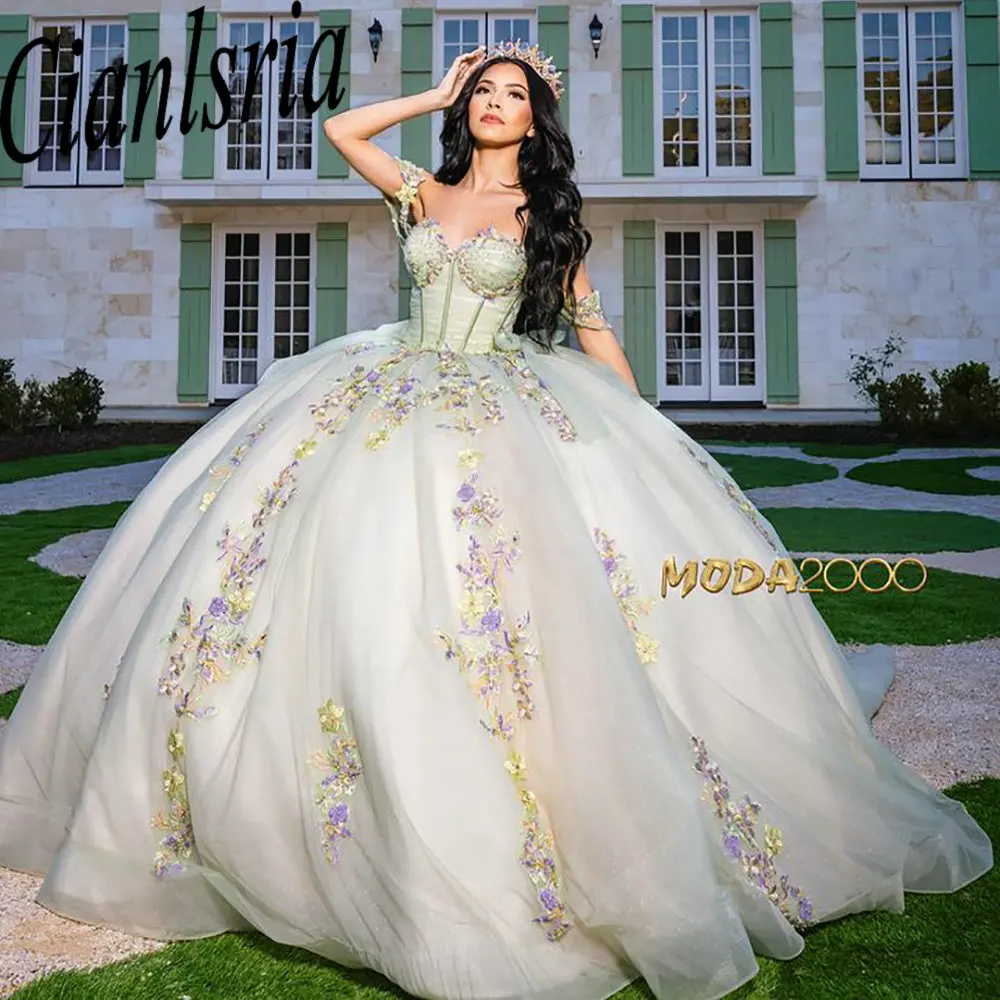

Светло-зеленые кружевные платья Quinceanera с аппликацией, бальное платье с открытыми плечами, расшитое бисером и кисточками, принцесса на сладкий 15-й день рождения