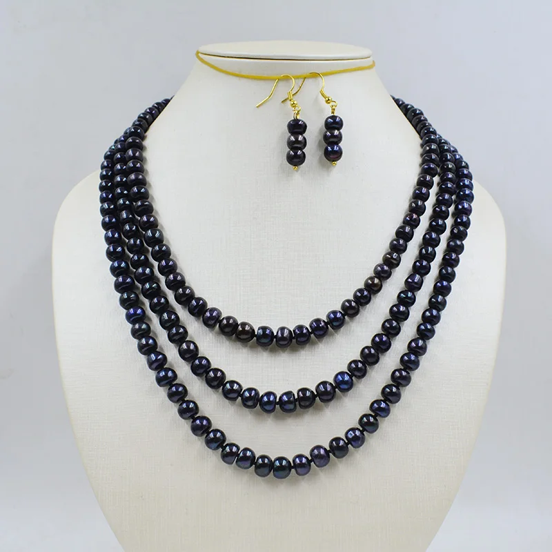 

3 rows 7MM natural black pearl necklace earrings. Women's wedding jewelry set
