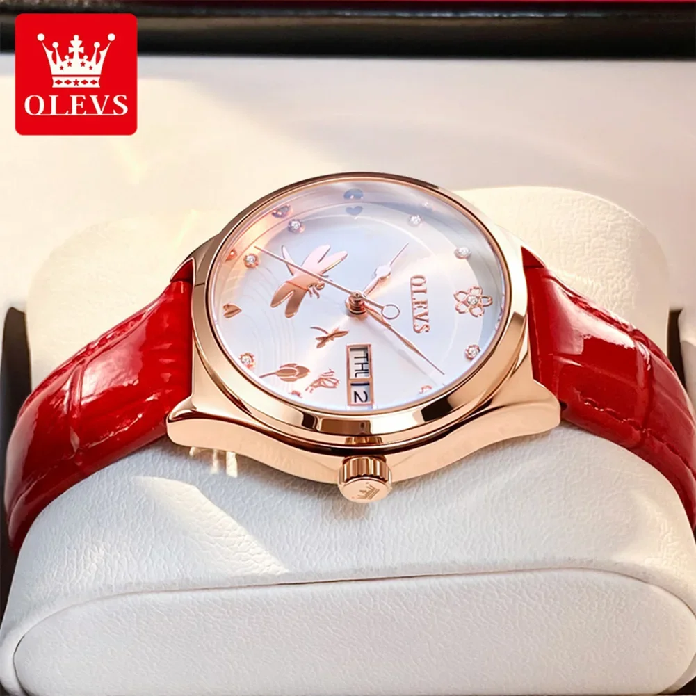 OLEVS Automatic Mechanical Watch for Women Luxury Leather Strap Dragonfly Skeleton Dial Fashion Women's Wristwatches Reloj Mujer