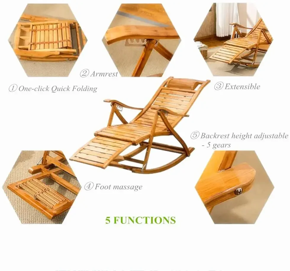 3-in-1 Adirondack Chair Foldable/Wooden Rocking Chairs/Sun Lounger Chairs & Recliners Outdoor Folding Rocker Made of Bamboo